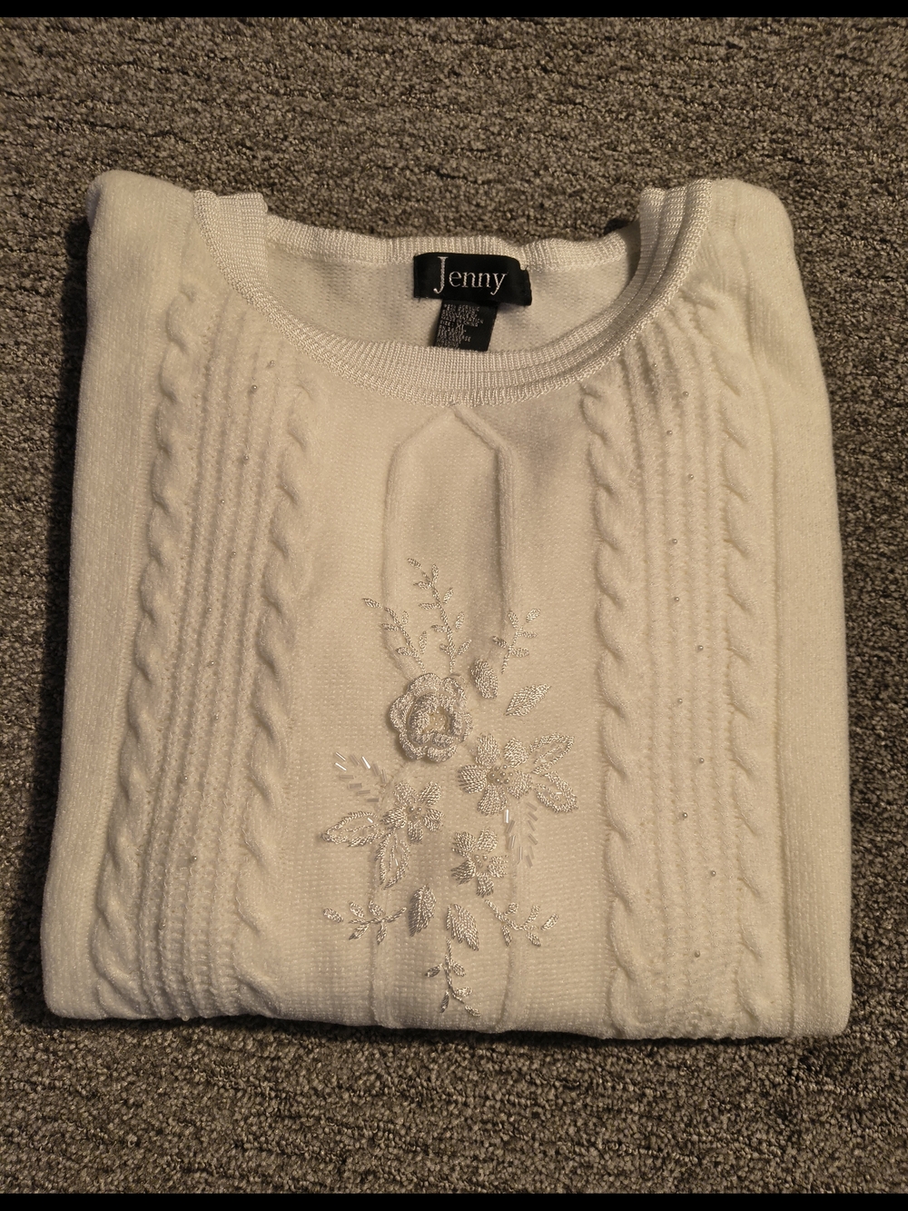 Jenny Cream Cable Knit Floral Embroidered Crewneck Sweater